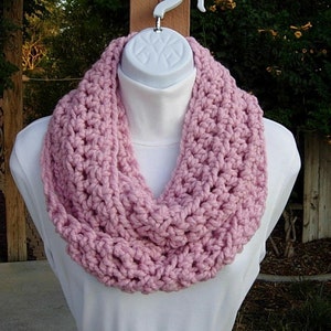 Light Solid Pink Infinity Scarf, Handmade Cowl Loop, Bulky Soft Wool Blend, Crochet Knit Winter Circle, Neck Warmer, Ships in 2 Biz Days