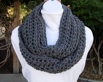 Solid Gray INFINITY SCARF Loop Cow, Women's Men's Charcoal Grey Extra Soft Acrylic Crochet Knit Warm Winter Lightweight, Ships in 3 Biz Days