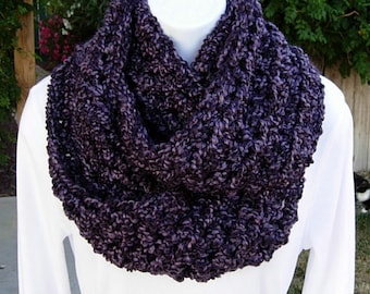SCARF INFINITY LOOP Cowl Dark Purple Black Thick Bulky Super Soft Silky Crochet Knit Eternity Circle, Neck Warmer, Ships in 5 Business Days