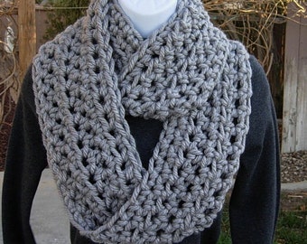 INFINITY SCARF Cowl Loop Light Solid Grey Gray 100% Soft Bulky Acrylic Thick Crochet Knit Winter Eternity Circle, Ships in 5 Biz Days