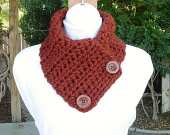 NECK WARMER SCARF Spice Dark Rust Burnt Orange, Gold, Wool Blend, Wood Buttons Soft Thick Winter Crochet Knit Cowl, Ships in 5 Business Days