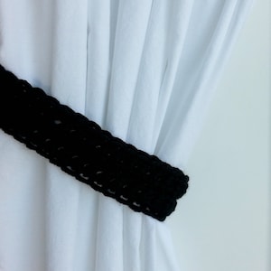 One Pair of Black Curtain Tie Backs, Curtain Tiebacks Solid Basic Black Holdbacks, Drapery Drapes Holders, Soft Crochet Knit, Customizable