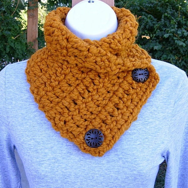 NECK WARMER Cowl SCARF Butterscotch, Dark Orange Yellow Gold, Soft Wool Blend, Wood Buttons, Winter Crochet Knit, Ships in 5 Business Days