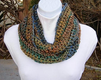 Colorful Skinny Small INFINITY LOOP SCARF Rust Orange Blue Mustard Yellow Teal Green Soft Crochet Knit Winter Striped Cowl, Ships in 2 Days