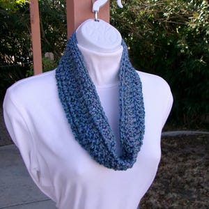 Small Skinny Summer Infinity Scarf, Blue, Gray, Lavender & Teal Green, Women's Short Narrow Crochet Knit Cowl, Ships in 2 Biz Days