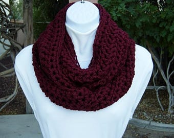 INFINITY SCARF Loop Cowl Dark Solid Burgundy Wine Red Soft Thick Acrylic Crochet Knit Warm Winter Endless Circle Wrap, Ships in 5 Biz Days