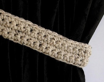 One Pair of Curtain Tiebacks Tie Backs Set, Oatmeal Beige Light Brown Tweed, Color Options, Drapery Drapes Holders, Crochet, Custom Sizes