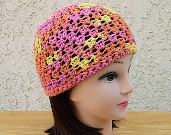 Bright Colorful Summer Beanie Hat, Orange, Pink, Yellow, Soft 100% Cotton Crochet Knit Lightweight Women's Skull Cap, Ships in 5 Biz Days