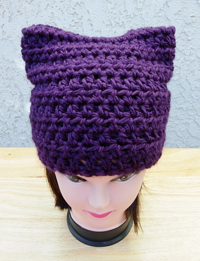Solid Dark Purple Pussy Cat Hat With Ears, Soft 100% Acrylic