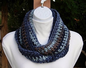 Women's Small INFINITY SCARF Loop Cowl Dark & Light Blue, Brown Striped Soft Acrylic Short Skinny Winter Crochet Knit, Ships in 3 Biz Days