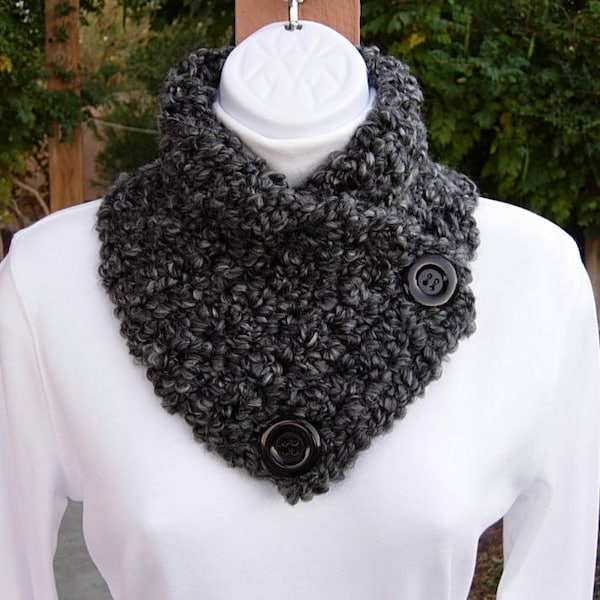 NECK WARMER Cowl SCARF Black Gray Gray Tweed with Large Black Buttons, Extra Soft Thick Warm Crochet Knit, Buttoned, Ships in 3 Biz Days