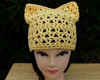Women's Solid Yellow Pussy Cat Hat, Summer Spring 100% Cotton Lightweight Crochet Knit Lacy Beanie with Ears, Ships in 5 Business Days