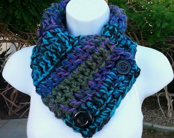 NECK WARMER SCARF Black Purple Blue Green Turquoise, Soft Thick Acrylic Crochet Knit Buttoned Cowl, Black Buttons, Ships in 5 Business Days