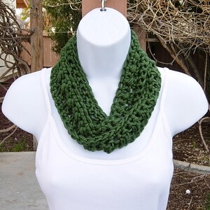 Small Dark Solid Green Skinny SUMMER INFINITY SCARF, Women&#39;s Hunter, Forest Green Cowl, Soft Lightweight Crochet Knit, Ships in 5 Biz Days