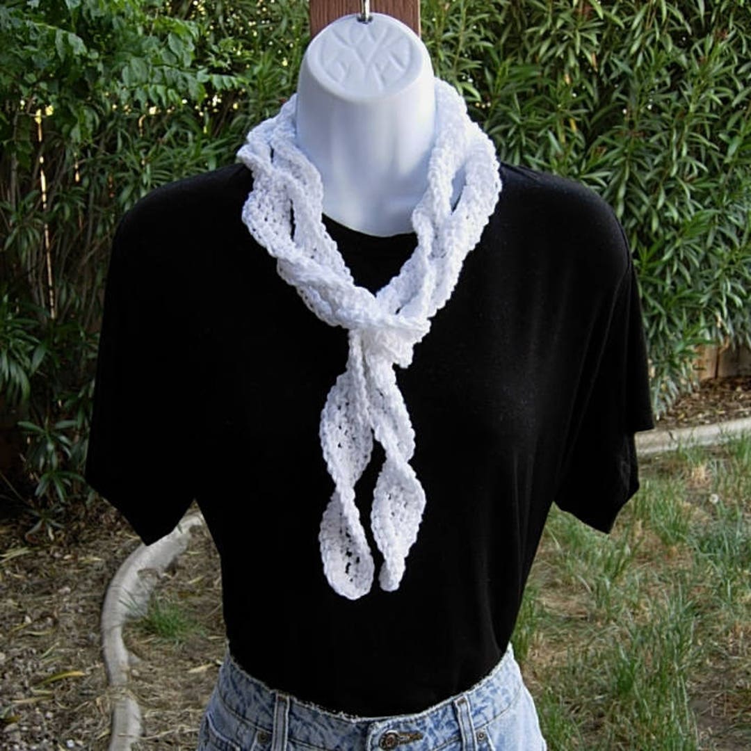 Solid White Skinny SUMMER SCARF Small 100% Cotton Spiral Crochet Knit ...
