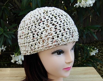Light Natural Brown Summer Beanie, 100% Cotton Lacy Skull Cap Women&#39;s Crochet Knit Lightweight Hat, Beige Chemo Cap, Ships in 5 Biz Days