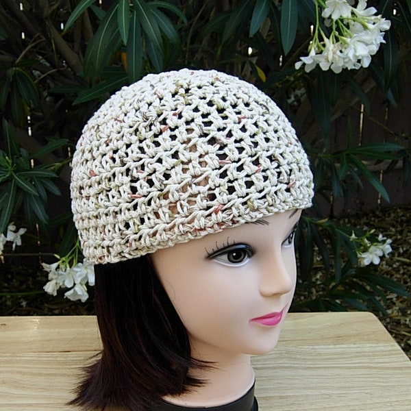 Light Natural Brown Summer Beanie, 100% Cotton Lacy Skull Cap Women's Crochet Knit Lightweight Hat, Beige Chemo Cap, Ships in 5 Biz Days