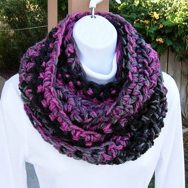 INFINITY SCARF Loop Cowl Black, Dark & Light Gray Grey, Raspberry Pink Thick Soft Crochet Knit Winter Bulky Circle, Ships in 5 Biz Days