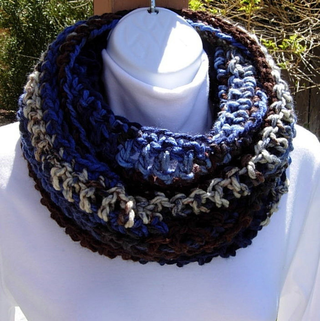 COWL SCARF Infinity Loop, Blue White Brown Stripes, Striped Crochet ...
