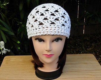 Solid Basic White Summer Beanie, Sun Hat, 100% Cotton Lacy Skullcap, Women&#39;s Crochet Knit, Warm Weather, Chemo Cap, Ships in 5 Biz Days