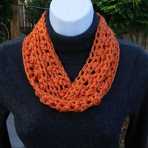SUMMER SCARF Infinity Loop, Solid Bright Tangerine Orange, Soft Lightweight Small Skinny Cowl, Crochet Necklace, Neck Tie..Ready to Ship