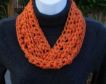 SUMMER SCARF Infinity Loop, Solid Bright Tangerine Orange, Soft Lightweight Small Skinny Cowl, Crochet Necklace, Neck Tie..Ready to Ship