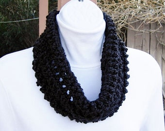 SUMMER COWL SCARF Solid Black, Small Short Infinity Loop, Women's Handmade Crochet Knit Extra Soft Lightweight Neck Warmer, Ready to Ship