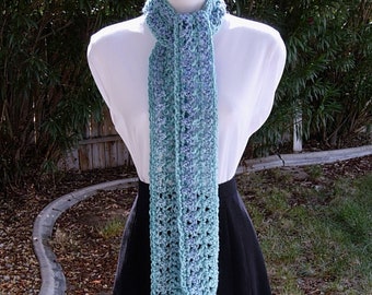 Light Aqua and Denim Blue Regular Scarf, COLOR OPTIONS, Soft Crochet Knit, Skinny Lightweight Winter Traditional, Ships in 5 Biz Days