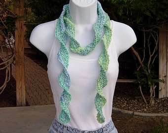 Women's Blue and Green Skinny SUMMER SCARF Small 100% Cotton Spiral Crochet Knit Narrow Lightweight Twisted Scarf, Ships in 5 Biz Days