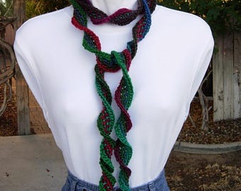 Women's Summer Spiral Scarf, Extra Soft Colorful Dark Skinny Narrow Thin Crochet Knit, Red Green Blue Brown Purple, Ready to Ship in 2 Days