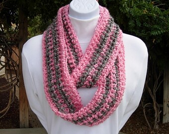 OOAK Pink and Light Gray Striped Infinity Scarf, Loop Cowl, Extra Soft Crochet Knit Skinny Lightweight Winter Endless Circle, Ready to Ship