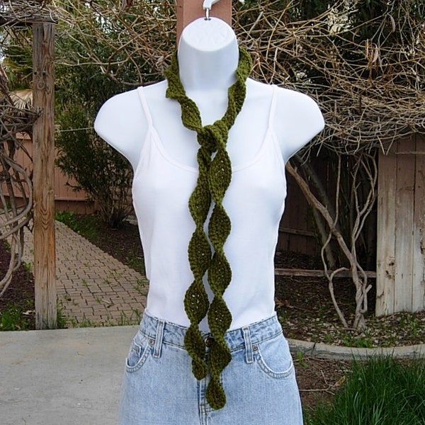 Women's Solid Dark Olive Green Skinny SUMMER SCARF Small Soft Spiral Knit Narrow Lightweight Twisted Crochet Knit, Ships in 5 Biz Days