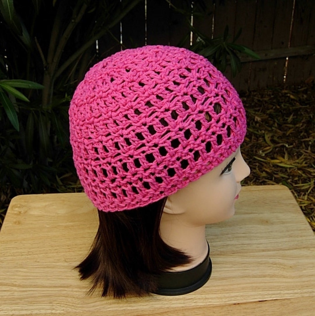 Solid Hot Pink Summer Beanie, 100% Cotton Lacy Skull Cap, Women's