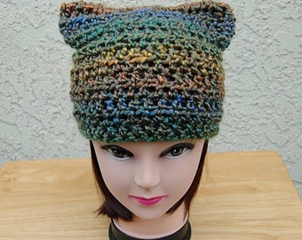 Colorful Striped Cat Hat with Ears, Blue Teal Green Mustard Rust Orange Soft Acrylic Crochet Knit Winter Women's Beanie, Ships in 5 Biz Days