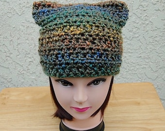 Colorful Striped Cat Hat with Ears, Blue Teal Green Mustard Rust Orange Soft Acrylic Crochet Knit Winter Women's Beanie, Ships in 3 Biz Days