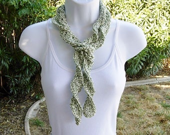 Green and Off White Skinny SUMMER SCARF Small 100% Cotton Spiral Crochet Knit Narrow Lightweight Twists, Women's , Ships in 5 Biz Days