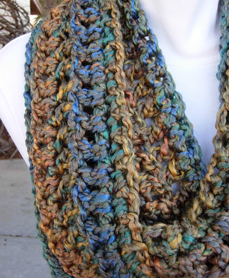 Colorful CROCHET INFINITY SCARF Loop Cowl Rust Blue Teal Green Mustard ...
