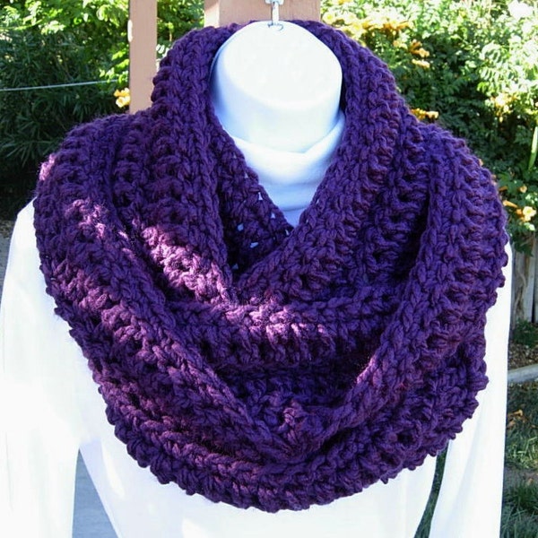 INFINITY SCARF Loop Cowl Solid Dark Purple, Extra Soft, Warm, Long Bulky Eternity Winter Circle Wrap, Neck Warmer, Ships in 3 Business Days