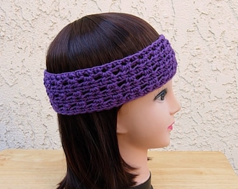Women's Solid Dark Purple Summer Headband, Lightweight 100% Cotton Lacy Lace Crochet Knit Simple Basic Head Band, Ships in 5 Biz Days