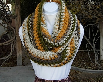 OOAK Large Wide Oatmeal Beige, Green, Mustard, Brown INFINITY SCARF Loop Cowl, Women's Men's Bulky Wool Blend Winter Striped Crochet Knit