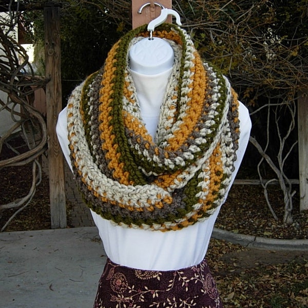 OOAK Large Wide Oatmeal Beige, Green, Mustard, Brown INFINITY SCARF Loop Cowl, Women's Men's Bulky Wool Blend Winter Striped Crochet Knit