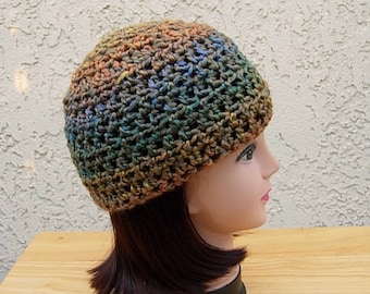 Colorful Blue Teal Green Orange Yellow Taupe Lightweight Beanie Extra Soft Acrylic Crochet Knit Winter Women's Striped Hat, Ships in 5 Days