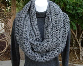 Large INFINITY SCARF Loop Cowl Solid Charcoal Gray, Color Choices, Wide Winter Soft Crochet Knit, Men's, Women's, Ships in 5 Biz Days