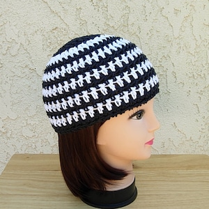 White and Off Black Summer Beanie, Cotton Striped Skull Cap, Women&#39;s Men&#39;s Crochet Knit Hat, Lightweight Chemo Cap, Ships in 5 Biz Days