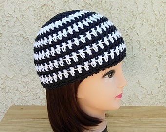 White and Off Black Summer Beanie, Cotton Striped Skull Cap, Women's Men's Crochet Knit Hat, Lightweight Chemo Cap, Ships in 5 Biz Days