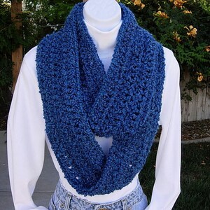 INFINITY SCARF Loop Cowl, Medium Dark Solid Blue Handmade Crochet Knit, Extra Soft Long Winter Eternity Lightweight, Ships in 5 Biz Days