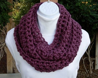 Purple Infinity Scarf Loop Cowl, Solid Plum, Bulky Soft Wool Blend, Crochet Knit Winter Circle, Chunky Neck Warmer, Ships in 3 Biz Days