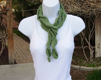 Solid Olive Green Skinny SUMMER SCARF with Twists Small 100% Cotton Spiral Narrow Lightweight Women's Thin Crochet Knit, Ships in 5 Biz Days