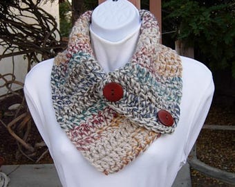 Colorful NECK WARMER SCARF Buttoned Cowl, Beige Green Blue Mustard Striped, Soft Wool Blend, Thick Winter Crochet Knit, Ships in 5 Biz Days