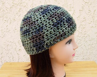 Dark Green, Brown, and Black Jungle Camo Summer Beanie Hat, Soft 100% Cotton Crochet Knit Lightweight Women's Men's Cap, Ships in 5 Biz Days